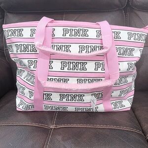 PINK Victoria's Secret Pink & White Logo Stripe Tote
